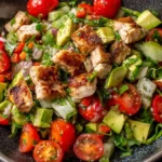 Healthy Avocado Chicken Salad with diced chicken, avocado, cucumbers, and tomatoes