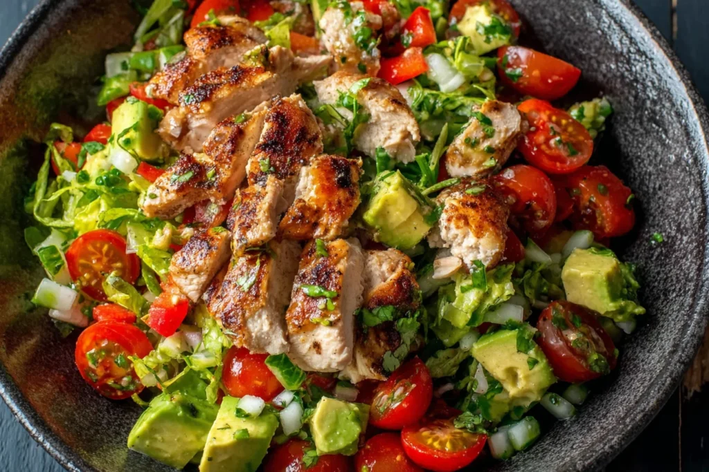 Healthy Avocado Chicken Salad with sliced grilled chicken, crisp lettuce, and ripe avocado