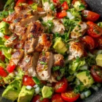 Healthy Avocado Chicken Salad with sliced grilled chicken, crisp lettuce, and ripe avocado
