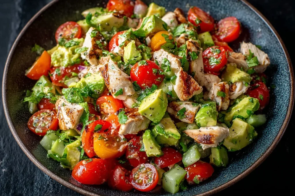 Healthy Avocado Chicken Salad with grilled chicken, cherry tomatoes, and fresh herbs in a bowl