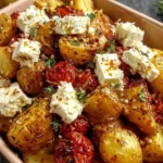 Healthy Baked Feta Potatoes Recipe with crispy potatoes, herbs, and baked feta chunks