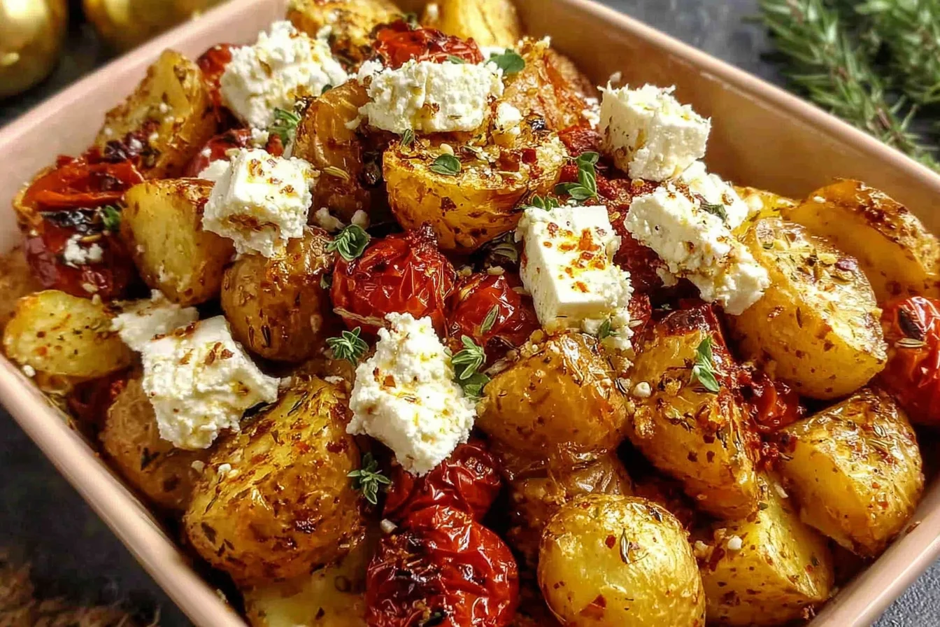 Healthy Baked Feta Potatoes Recipe with crispy potatoes, herbs, and baked feta chunks
