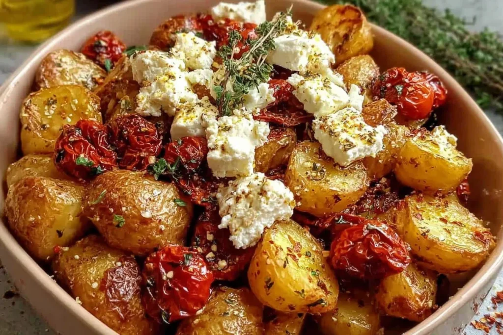 Healthy Baked Feta Potatoes Recipe with roasted baby potatoes, cherry tomatoes, and creamy feta cheese