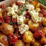 Healthy Baked Feta Potatoes Recipe with roasted baby potatoes, cherry tomatoes, and creamy feta cheese