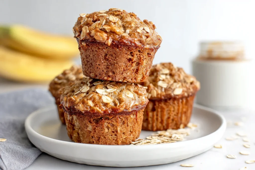 Healthy banana oatmeal muffins stacked on a plate with oats topping