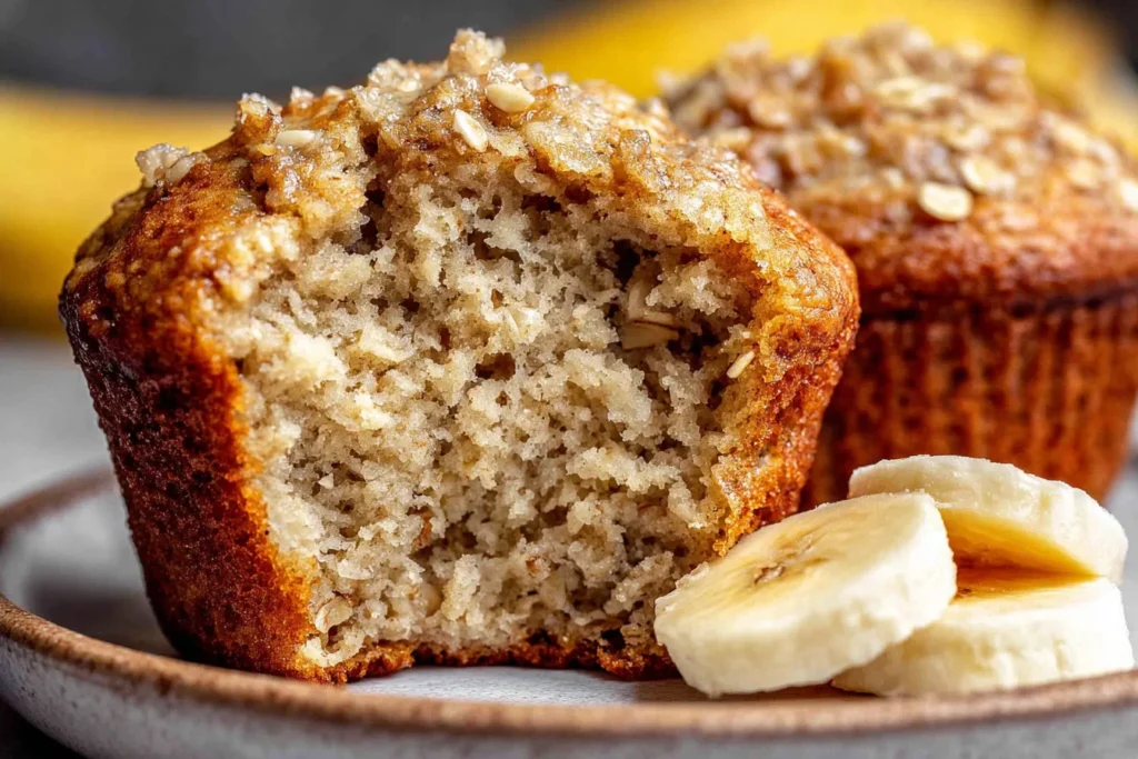 Healthy banana oatmeal muffins with soft texture and sliced bananas