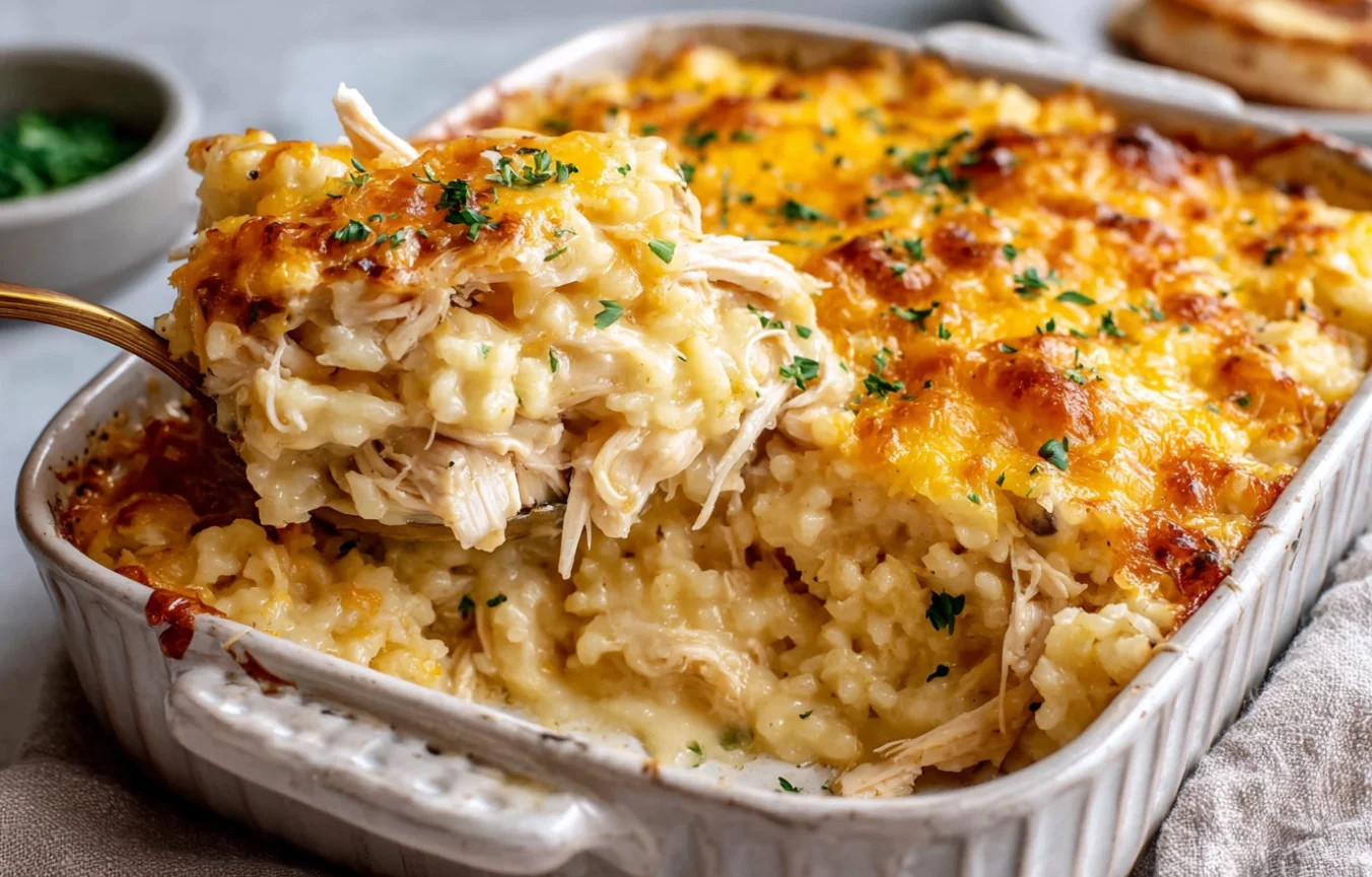 Healthy Chicken Cauliflower Rice Casserole Recipe creamy cheesy baked chicken and cauliflower rice close-up