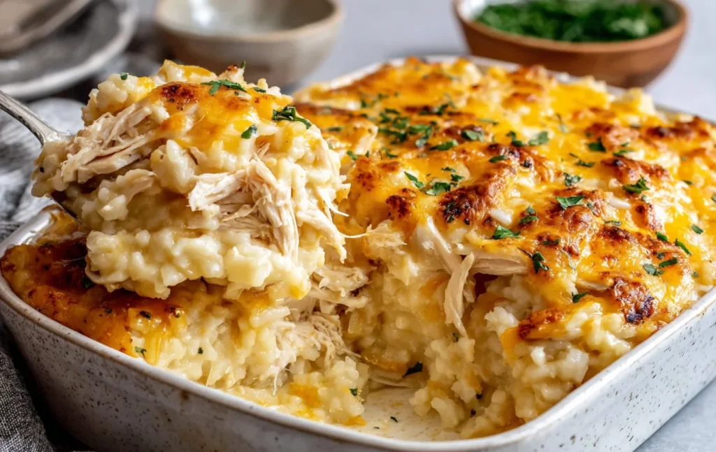 Healthy Chicken Cauliflower Rice Casserole Recipe cheesy low carb casserole with shredded chicken scoop
