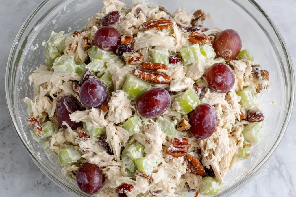 Healthy Chicken Salad with Grapes mixed in a glass bowl with celery and pecans