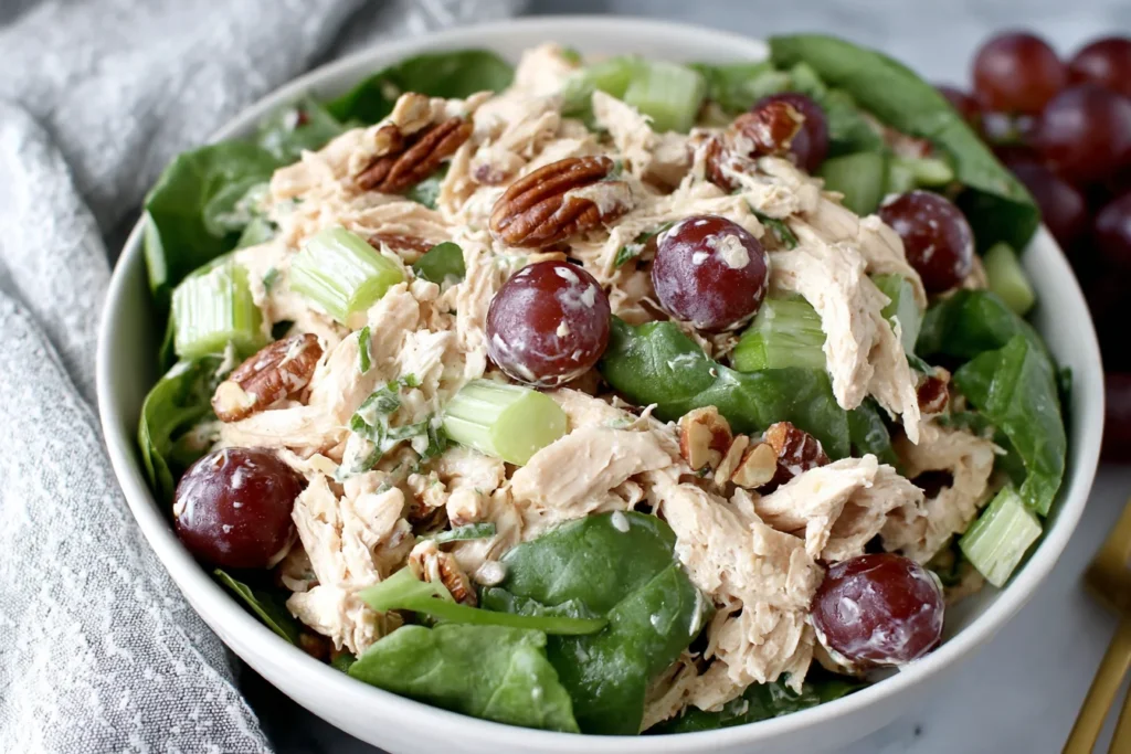 Healthy Chicken Salad with Grapes served over fresh greens with pecans