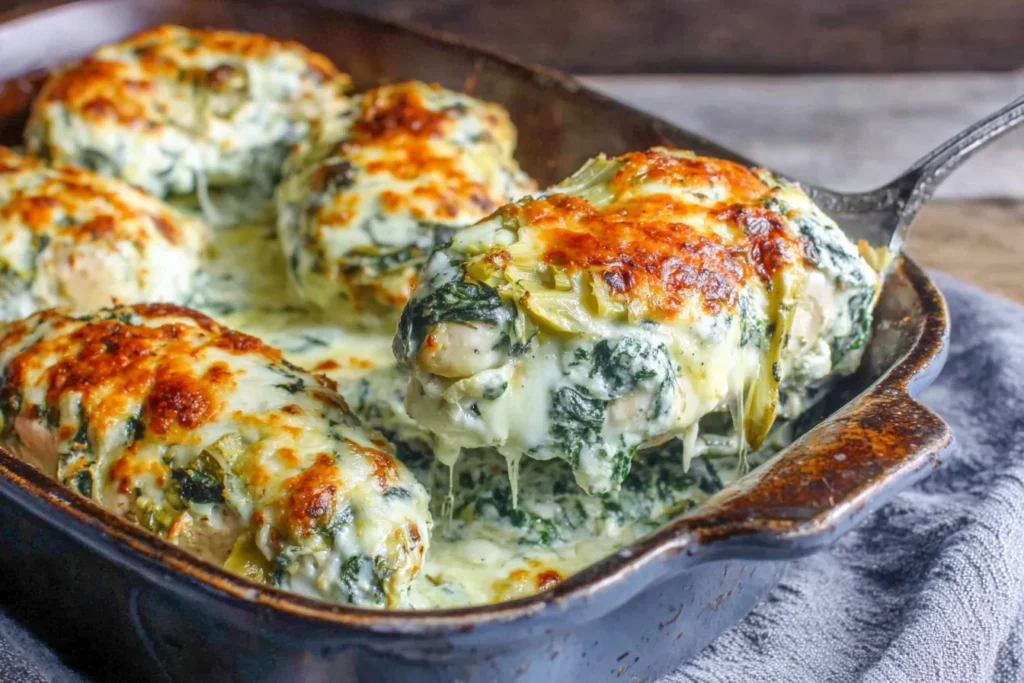 Healthy Spinach Artichoke Chicken Bake creamy topping with artichokes and spinach