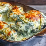 Healthy Spinach Artichoke Chicken Bake creamy topping with artichokes and spinach