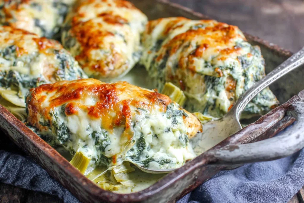 Healthy Spinach Artichoke Chicken Bake with melted mozzarella in baking dish