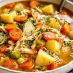 Hearty Chicken Veggie Soup served hot with chunky vegetables and shredded chicken