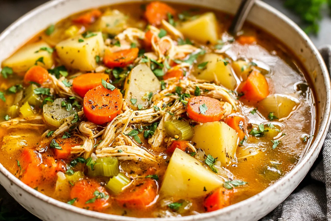 Hearty Chicken Veggie Soup served hot with chunky vegetables and shredded chicken