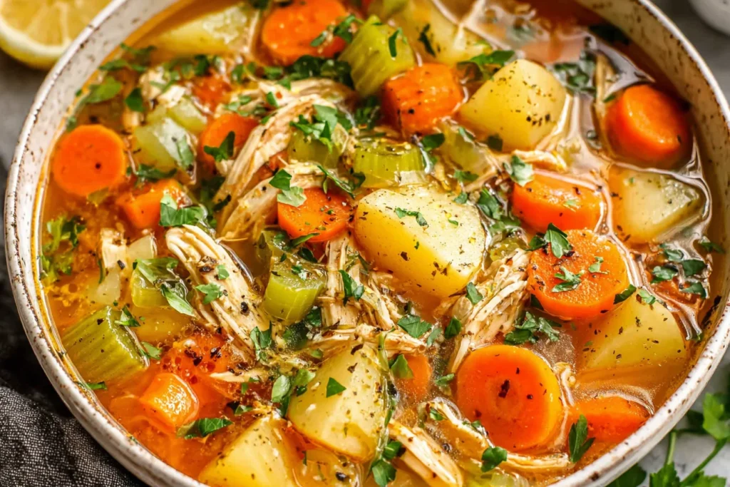 Hearty Chicken Veggie Soup with tender chicken, carrots, potatoes, and herbs in a rich broth
