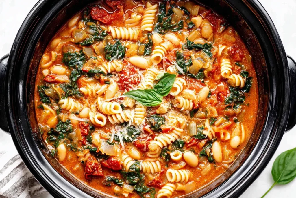 Hearty Italian White Bean Soup cooking in a slow cooker with pasta and spinach