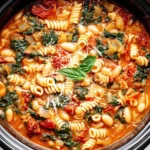 Hearty Italian White Bean Soup cooking in a slow cooker with pasta and spinach