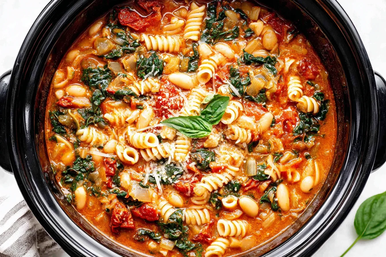 Hearty Italian White Bean Soup cooking in a slow cooker with pasta and spinach