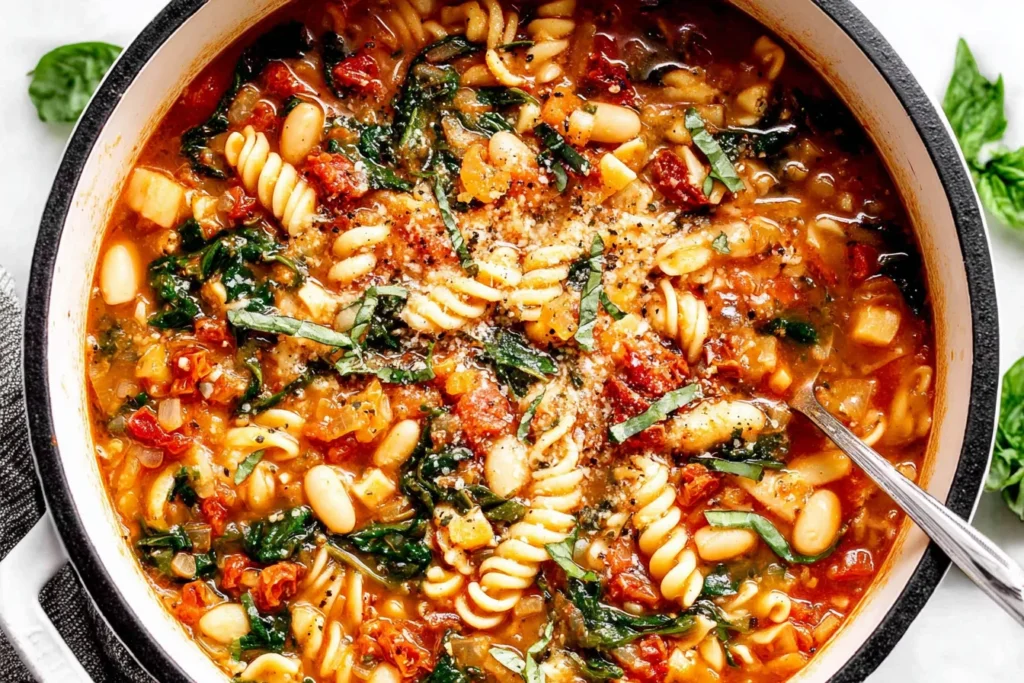 Hearty Italian White Bean Soup topped with parmesan and basil in a rustic bowl