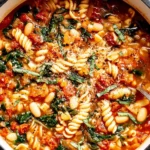 Hearty Italian White Bean Soup topped with parmesan and basil in a rustic bowl