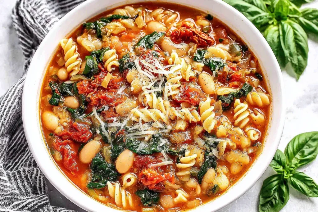 Hearty Italian White Bean Soup with pasta, spinach, and sun-dried tomatoes in a white bowl