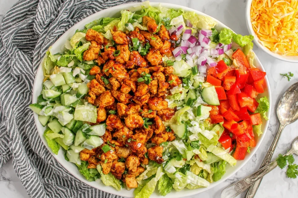 Honey Hot Chicken Salad topped with spicy honey chicken, lettuce, cucumbers, and red peppers