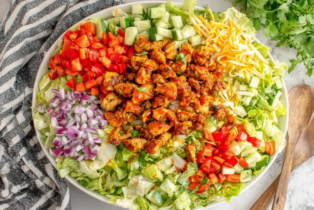 Honey Hot Chicken Salad with chopped romaine, diced vegetables, and buffalo honey chicken