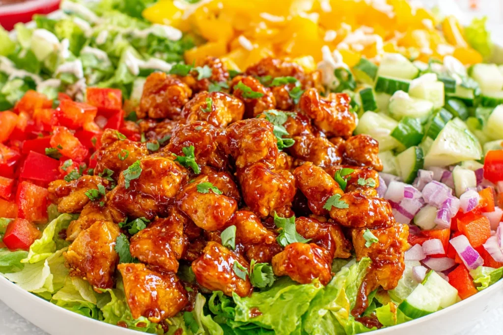 Honey Hot Chicken Salad with glazed spicy chicken, fresh vegetables, and creamy dressing