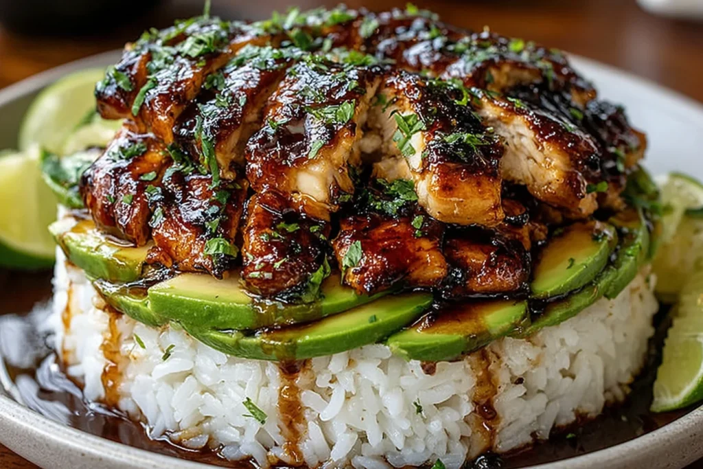 Honey Lime Chicken & Avocado Rice Stack Recipe with caramelized chicken and avocado layers