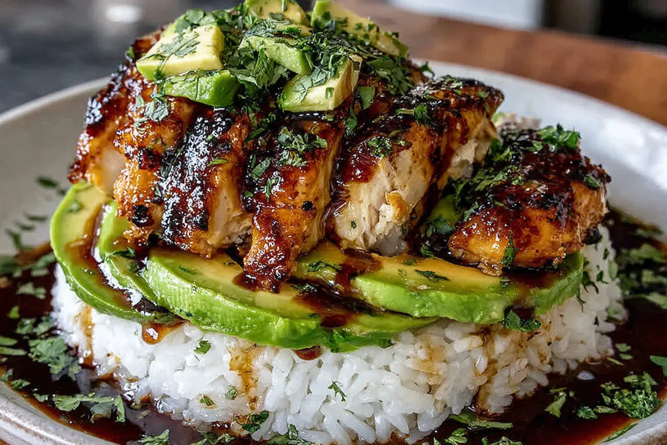 Honey Lime Chicken & Avocado Rice Stack Recipe topped with herbs and diced avocado