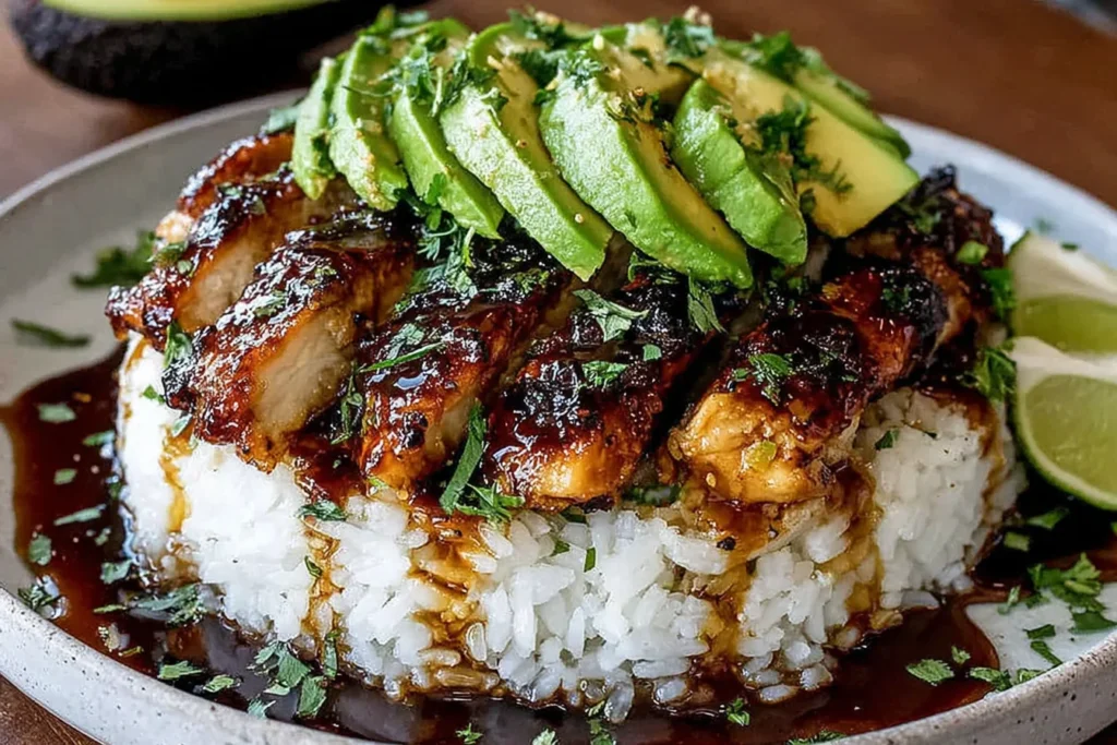 Honey Lime Chicken & Avocado Rice Stack Recipe with sliced avocado and glazed chicken on rice