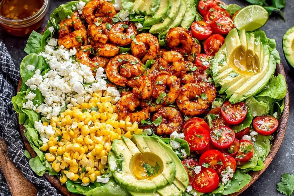 Honey Lime Shrimp Salad platter with avocado halves, corn, cherry tomatoes, and fresh greens