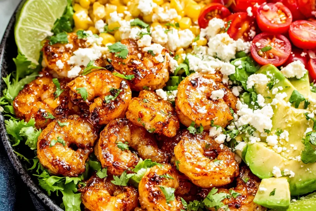 Honey Lime Shrimp Salad with sweet corn, avocado slices, and tangy lime dressing