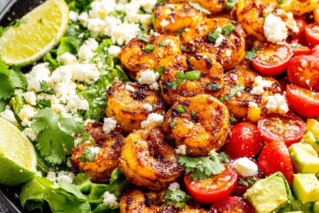 Honey Lime Shrimp Salad with grilled shrimp, avocado, cherry tomatoes, and crumbled cheese
