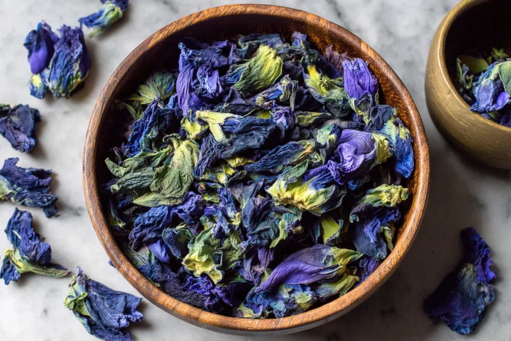 Iced Blue Tea Latte Recipe ingredient dried butterfly pea flowers in a wooden bowl