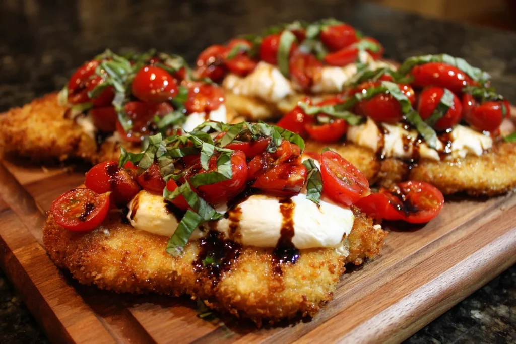 Italian Basil Chicken Cutlets with burrata, tomato topping, and balsamic glaze close-up