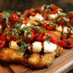 Italian Basil Chicken Cutlets with burrata, tomato topping, and balsamic glaze close-up