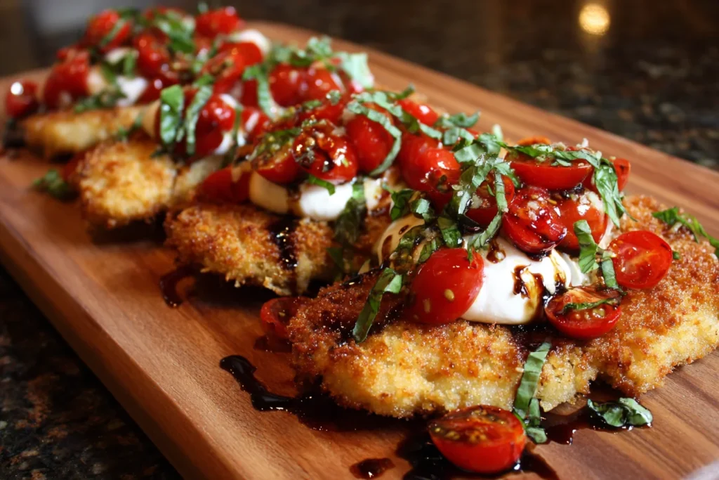 Italian Basil Chicken Cutlets topped with cherry tomatoes, burrata, and fresh basil on a wooden board
