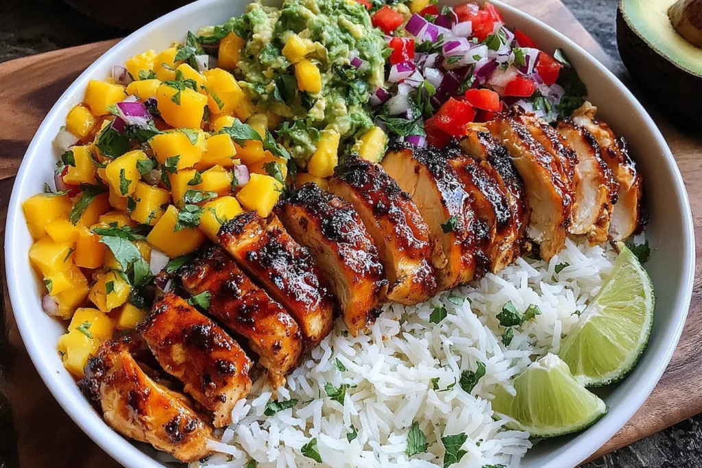 Jerk Chicken Bowls with Mango Salsa topped with guacamole, pico de gallo, and lime wedges over rice