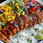 Jerk Chicken Bowls with Mango Salsa topped with guacamole, pico de gallo, and lime wedges over rice