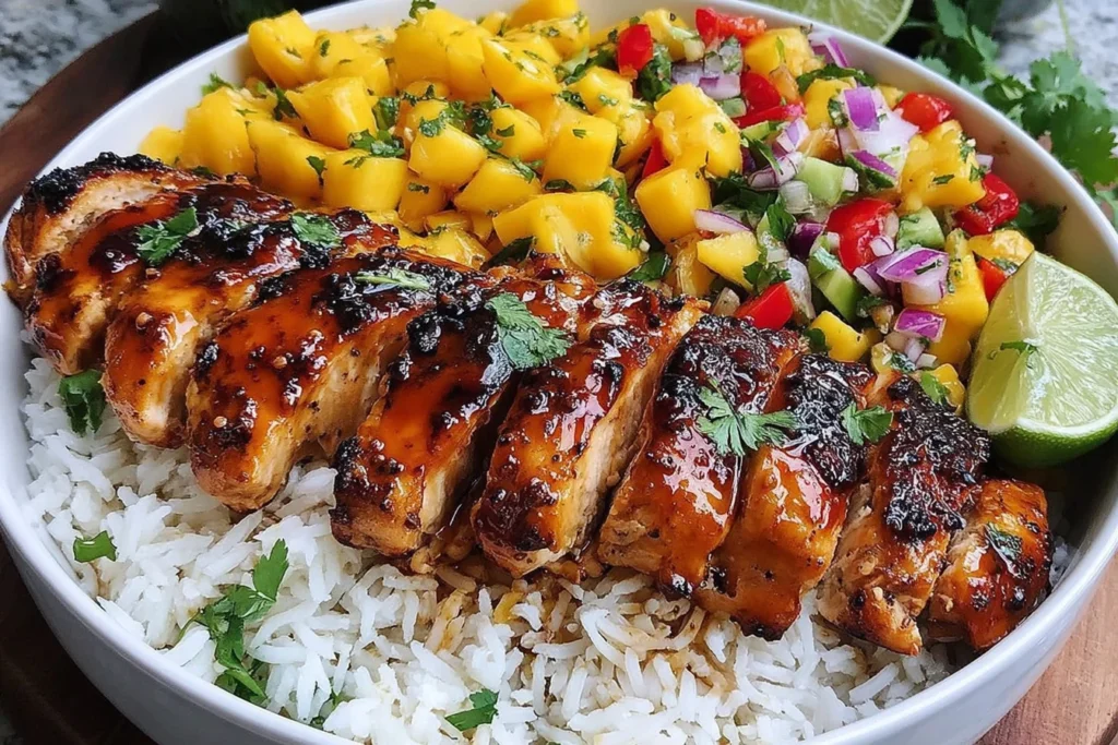 Jerk Chicken Bowls with Mango Salsa served over white rice with grilled chicken and fresh mango topping