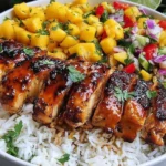 Jerk Chicken Bowls with Mango Salsa served over white rice with grilled chicken and fresh mango topping