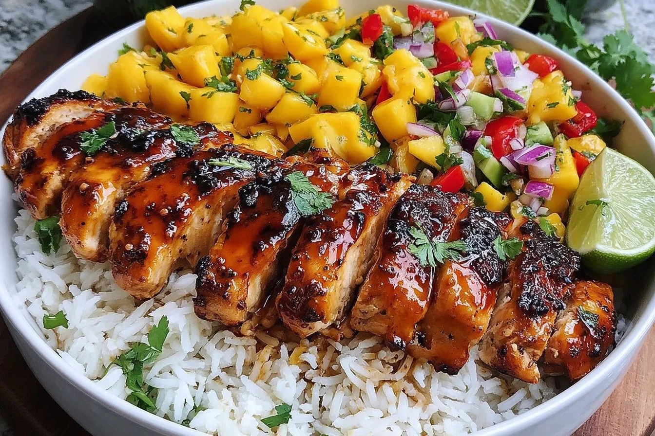 Jerk Chicken Bowls with Mango Salsa served over white rice with grilled chicken and fresh mango topping