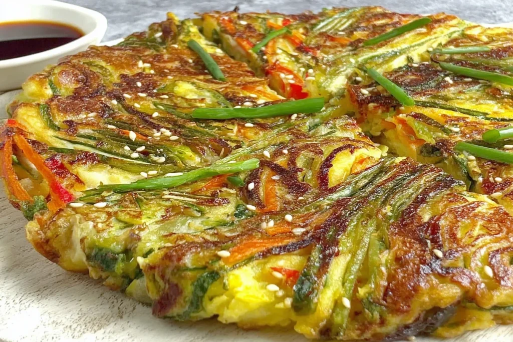 Homemade Korean Vegetable Pancakes (Yachaejeon) sliced and garnished with sesame seeds and green onions