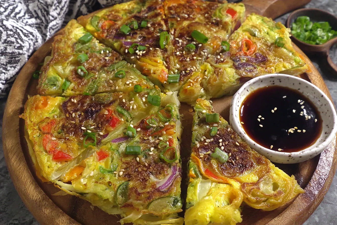 Korean Vegetable Pancakes (Yachaejeon) served with soy dipping sauce on wooden board