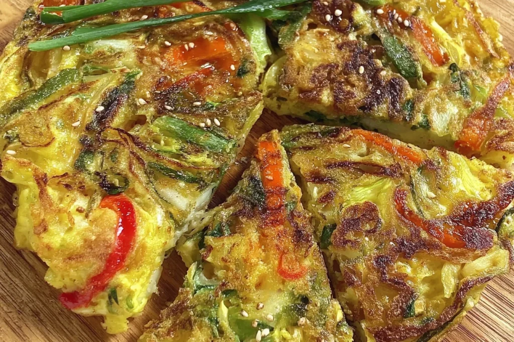 Close-up of Korean Vegetable Pancakes (Yachaejeon) showing crispy texture and fresh vegetables