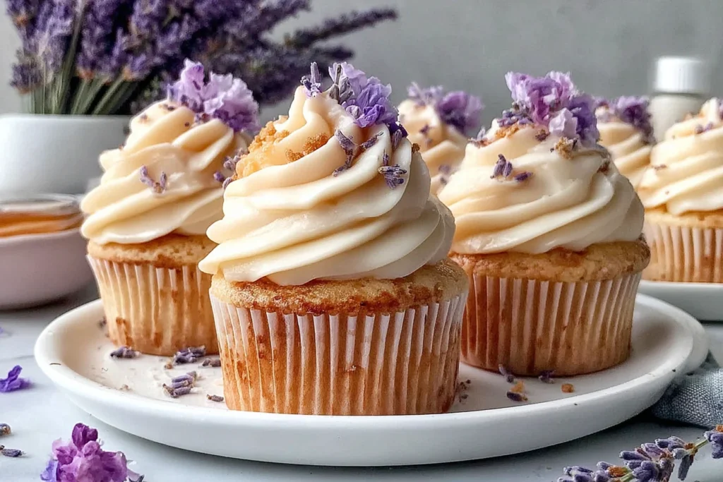 Fresh Lavender Honey Cupcakes with swirled frosting and floral lavender topping