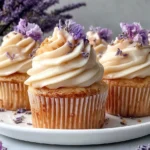 Fresh Lavender Honey Cupcakes with swirled frosting and floral lavender topping