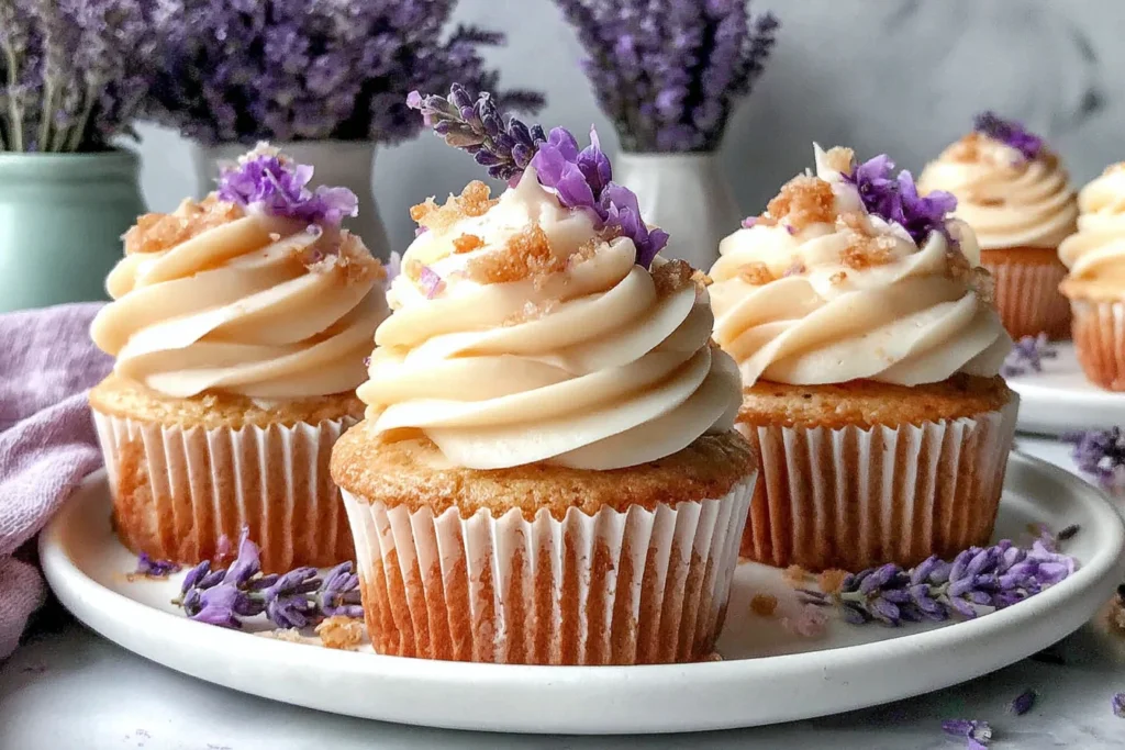 Lavender Honey Cupcakes with creamy frosting and lavender garnish on a white plate